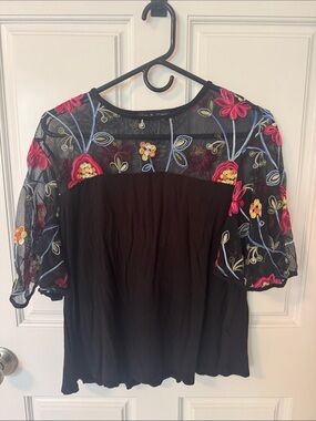 Kim & Cami Black Top with Pink, Yellow and Blue Floral Embroidery